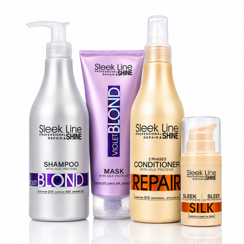 Set Eveline Sleek Line Violet Blond 4 produse – Șampon 1000 ml + Mască 250 ml + Balsam Bifazic Repair + Ser Silk, păr blond