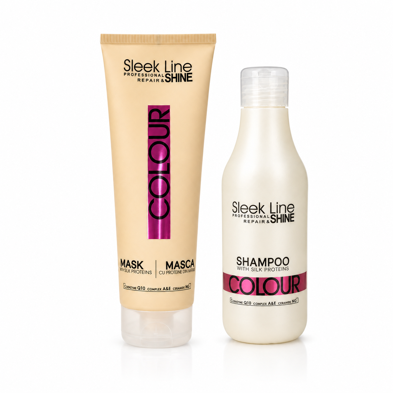 Set Eveline Sleek Line Colour – Șampon 300 ml + Mască 250 ml cu proteine din mătase, păr vopsit