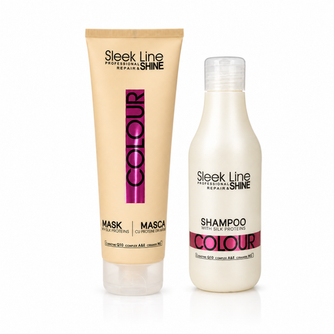 Set Eveline Sleek Line Colour – Șampon 300 ml + Mască 250 ml cu proteine din mătase, păr vopsit