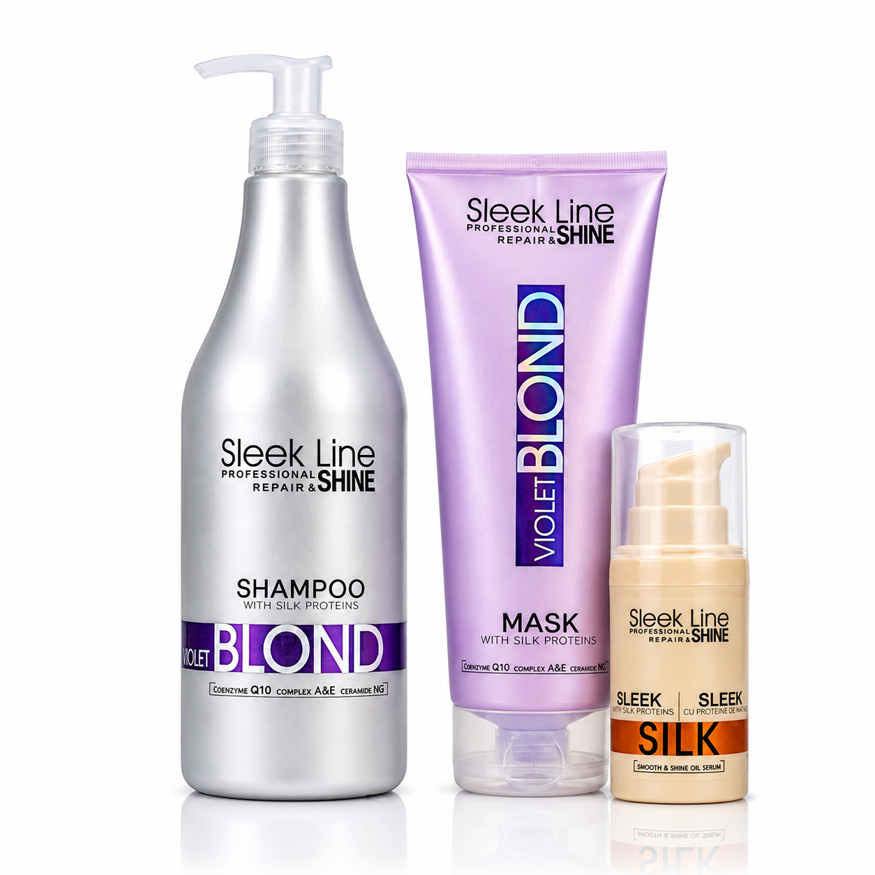 Set Eveline Sleek Line Violet Blond 3 produse – Șampon 1000 ml + Mască 250 ml + Ser Silk, neutralizare tonuri galbene