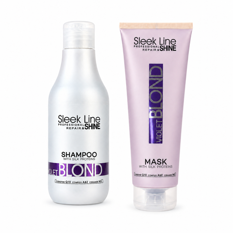 Set Eveline Sleek Line Violet Blond – Șampon 300 ml + Mască 250 ml cu pigment violet, păr blond