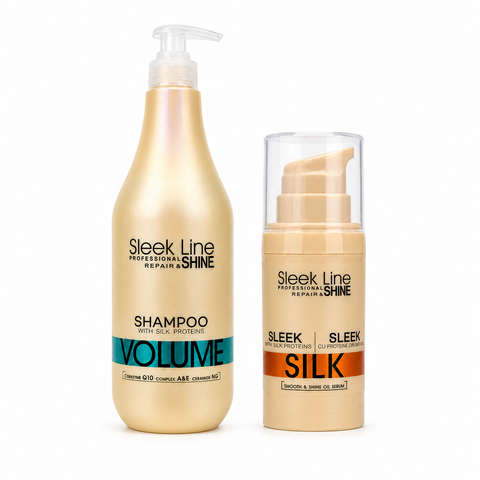 Set Eveline Sleek Line Volume – Șampon 1000 ml + Ser-Ulei Silk, păr fin lipsit de volum