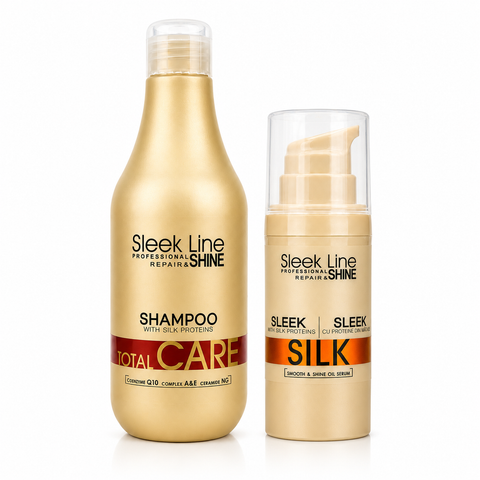 Set Eveline Sleek Line – Șampon Total Care 300 ml + Ser-Ulei Silk cu proteine din mătase