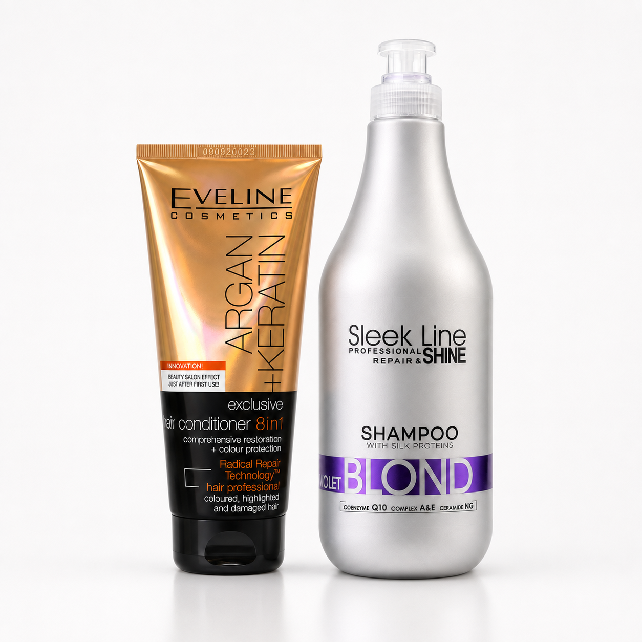 Set Eveline – Șampon Sleek Line Violet Blond 1000 ml + Balsam Argan și Keratină 8în1 200 ml, păr blond și vopsit
