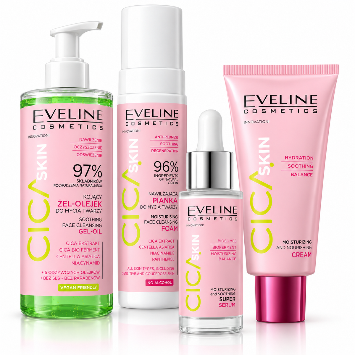 Set Eveline Cica Skin 4 produse – Gel-Ulei + Spumă + Super Ser + Cremă, rutina completă pentru piele sensibilă