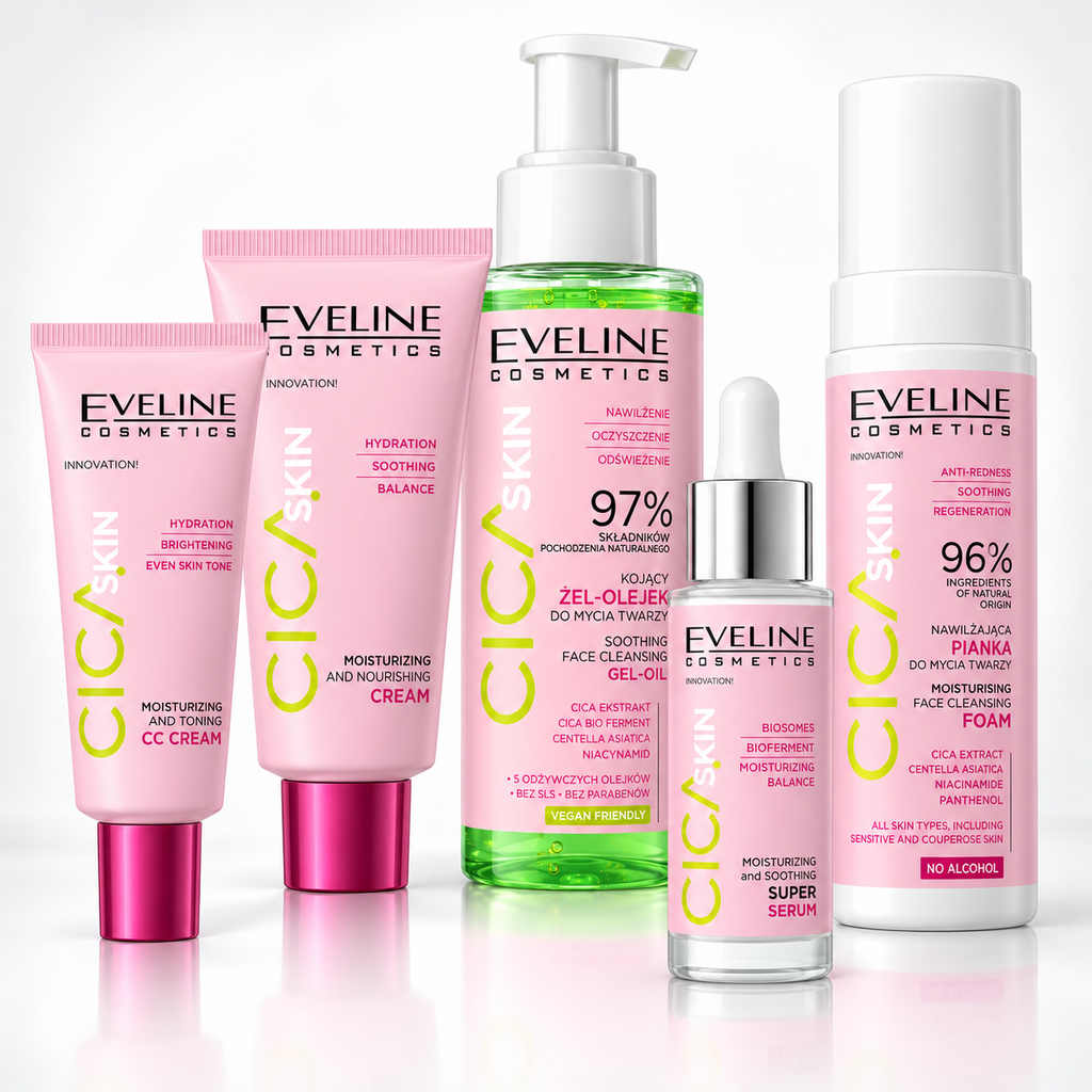 Set complet Eveline Cica Skin 5 produse – Gel-Ulei + Spumă + Super Ser + Cremă + CC Cream, piele sensibilă cu roșeață