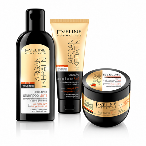 Set Eveline Argan + Keratin 8în1 – Șampon 150 ml + Balsam 200 ml + Mască 300 ml
