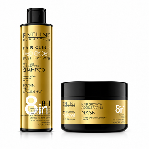 Set Eveline Oleo Expert Fast Growth – Șampon 400 ml + Mască 500 ml, stimulează creșterea părului