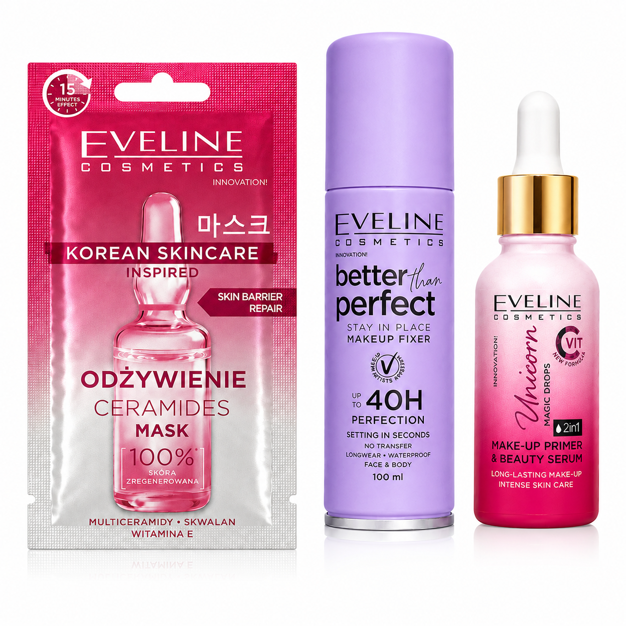 Set Eveline 3 produse – Primer Unicorn Magic Drops 30 ml + Spray Fixator Machiaj 100 ml + Mască de Față cu Ceramide