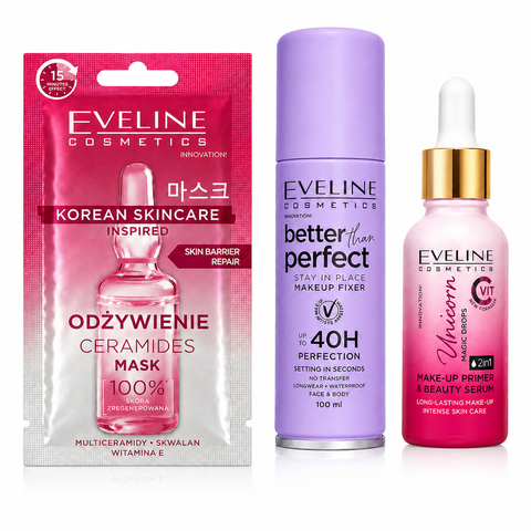 Set Eveline 3 produse – Primer Unicorn Magic Drops 30 ml + Spray Fixator Machiaj 100 ml + Mască de Față cu Ceramide