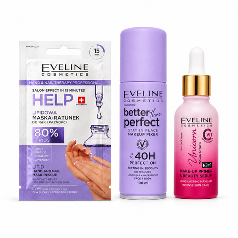 Set Eveline 3 produse – Primer Unicorn Magic Drops 30 ml + Spray Fixator Machiaj 100 ml + Mască Lipidică pentru Mâini