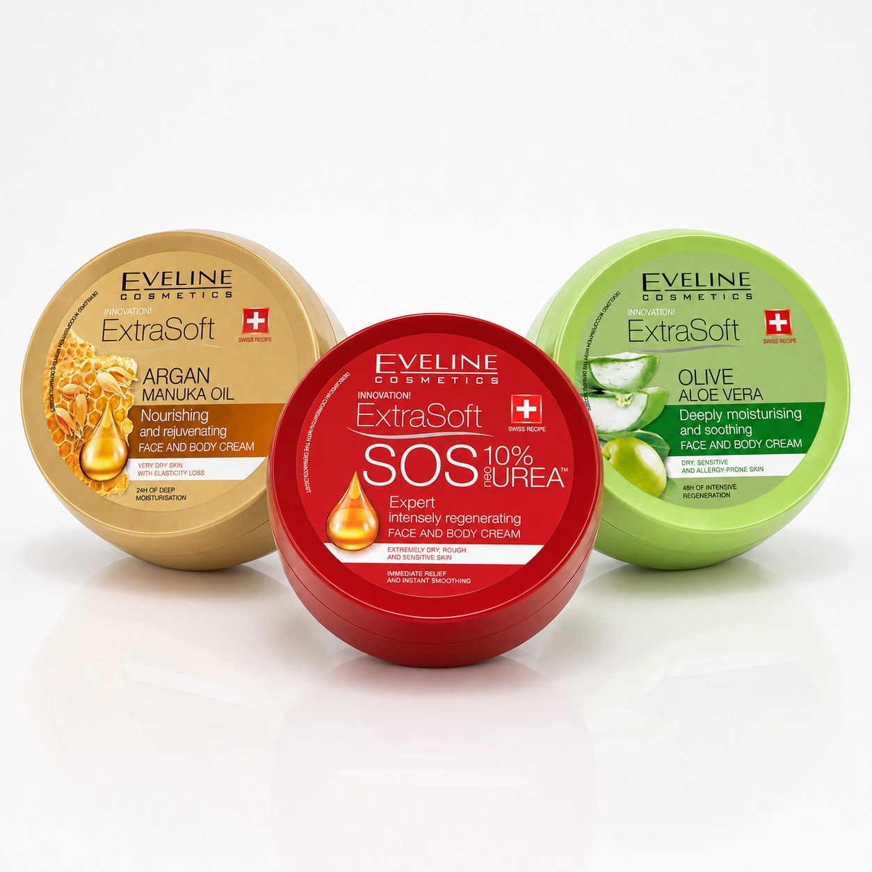 Set Eveline Extra Soft – 3 creme pentru față și corp: SOS 10% Uree, Măsline și Aloe, Allergique