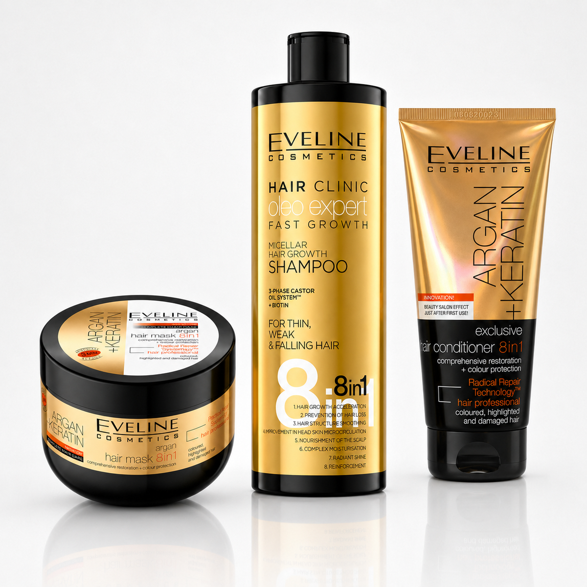 Set Eveline Păr Puternic – Șampon Oleo Expert Fast Growth 400 ml + Balsam Argan & Keratin 200 ml + Mască Argan & Keratin 300 ml