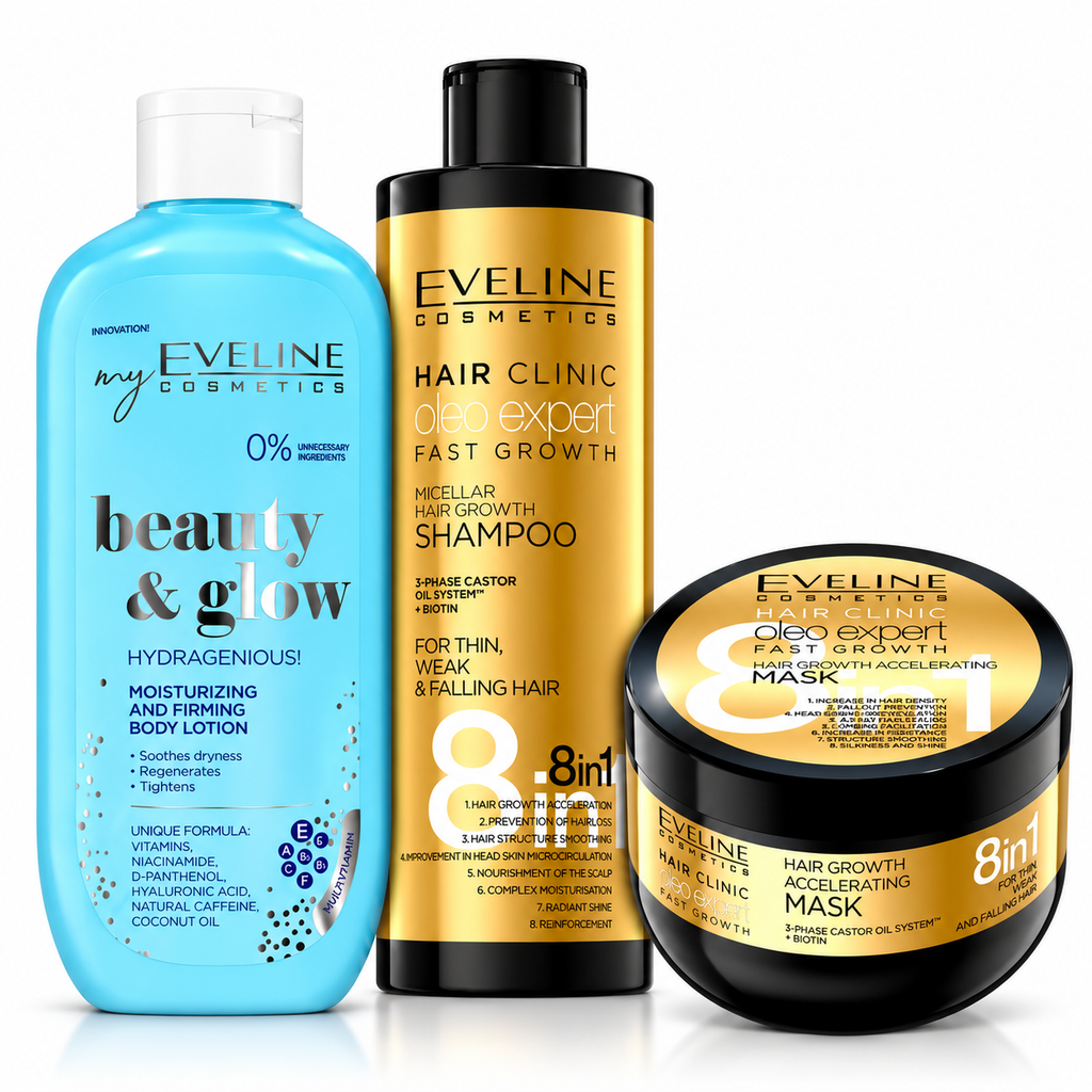 Set Eveline Păr + Corp – Șampon Oleo Expert 400 ml + Mască Oleo Expert 500 ml + Loțiune Beauty & Glow Hidratantă 350 ml