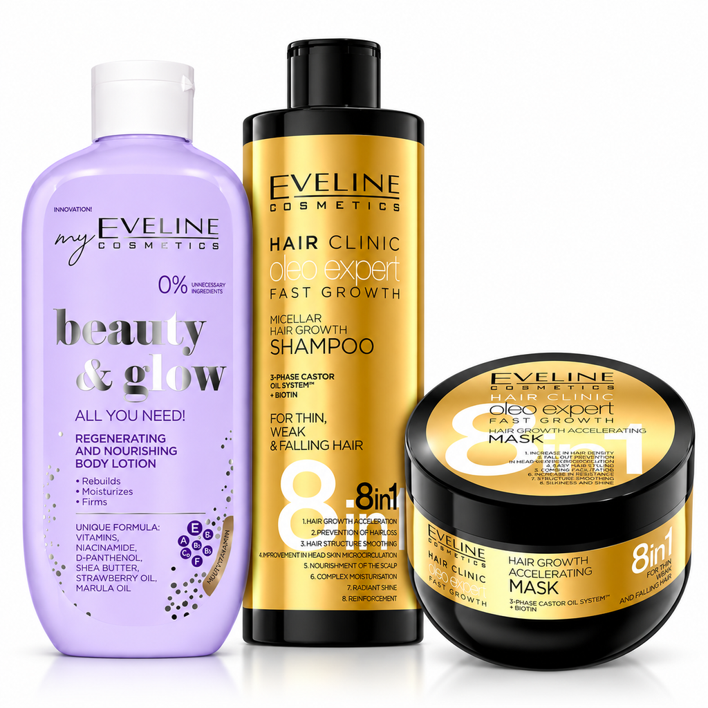 Set Eveline Păr + Corp – Șampon Oleo Expert 400 ml + Mască Oleo Expert 500 ml + Loțiune Beauty & Glow Regenerantă 350 ml