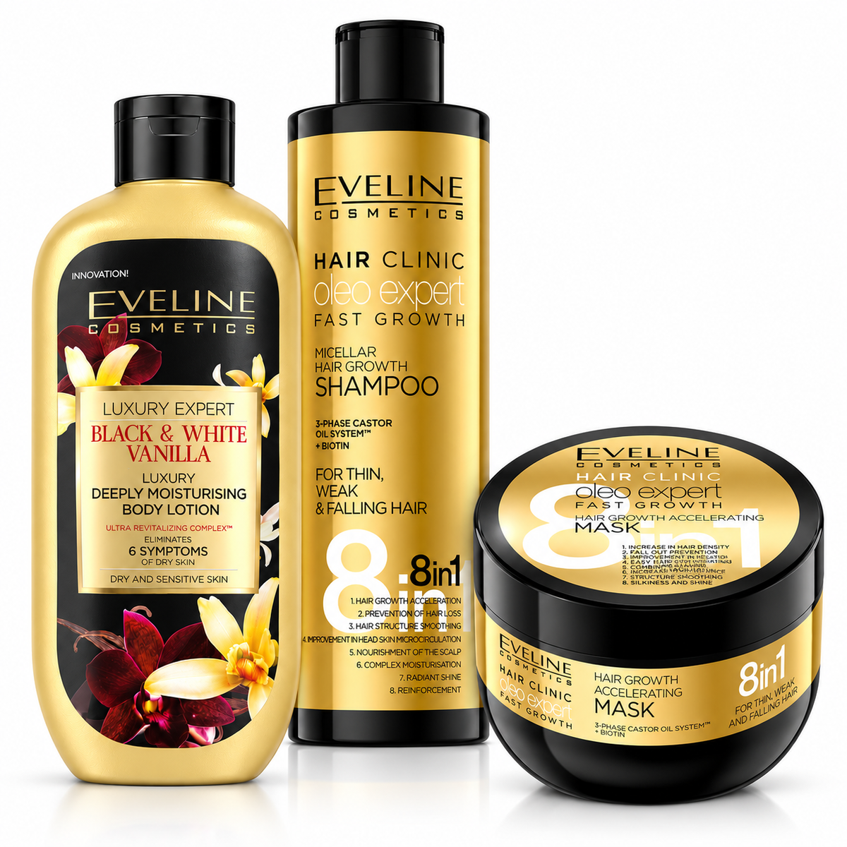 Set Eveline Păr + Corp – Șampon Oleo Expert 400 ml + Mască Oleo Expert 500 ml + Loțiune Luxury Expert Black & White Vanilla 350 ml