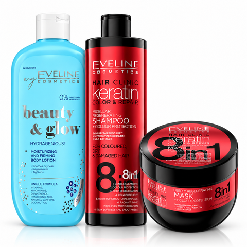 Set Eveline Păr + Corp – Șampon Keratin 400 ml + Mască Keratin 500 ml + Loțiune Beauty & Glow Hidratantă 350 ml