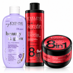 Set Eveline Păr + Corp – Șampon Keratin 400 ml + Mască Keratin 500 ml + Loțiune Beauty & Glow Regenerantă 350 ml