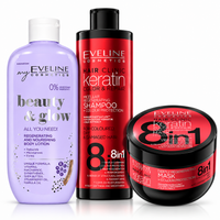 Set Eveline Păr + Corp – Șampon Keratin 400 ml + Mască Keratin 500 ml + Loțiune Beauty & Glow Regenerantă 350 ml