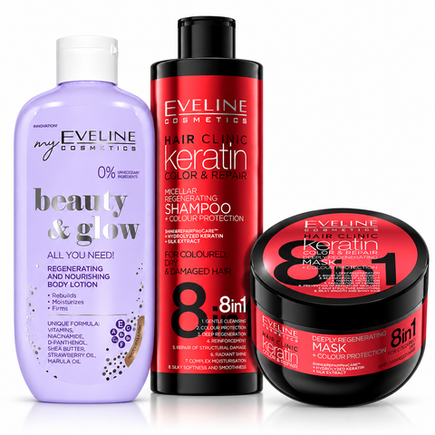 Set Eveline Păr + Corp – Șampon Keratin 400 ml + Mască Keratin 500 ml + Loțiune Beauty & Glow Regenerantă 350 ml