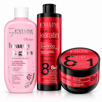 Set Eveline Păr + Corp – Șampon Keratin 400 ml + Mască Keratin 500 ml + Loțiune Beauty & Glow Iluminatoare 350 ml