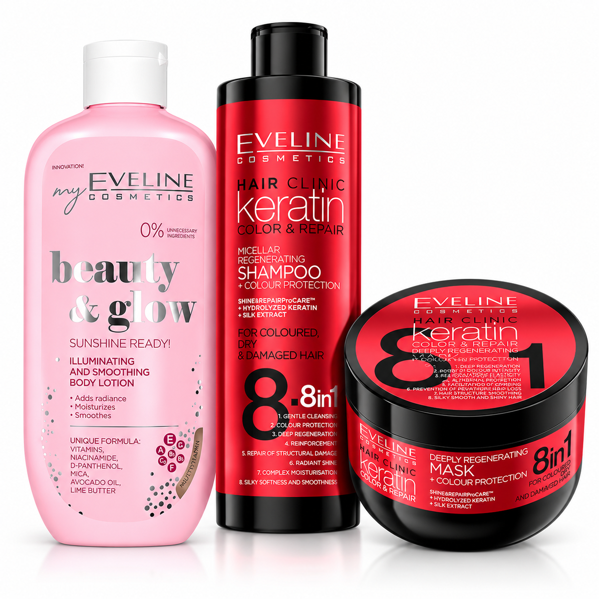 Set Eveline Păr + Corp – Șampon Keratin 400 ml + Mască Keratin 500 ml + Loțiune Beauty & Glow Iluminatoare 350 ml