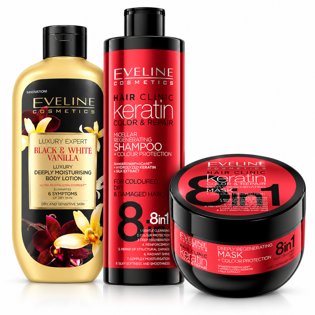 Set Eveline Păr + Corp – Șampon Keratin 400 ml + Mască Keratin 500 ml + Loțiune Luxury Expert Black & White Vanilla 350 ml