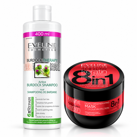 Set Eveline – Șampon Burdock Therapy 400 ml + Mască Keratin Color & Repair 500 ml, anti-cădere pentru păr vopsit