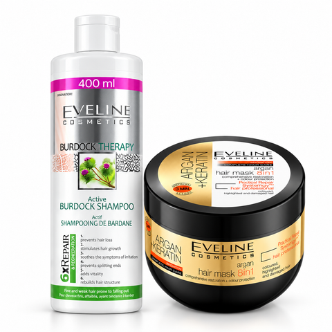 Set Eveline Anti-Cădere – Șampon Burdock Therapy 400 ml + Mască Argan + Keratin 8în1 300 ml