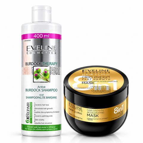 Set Eveline Anti-Cădere – Șampon Burdock Therapy 400 ml + Mască Oleo Expert Fast Growth 500 ml