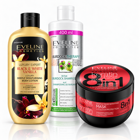 Set Eveline Păr + Corp – Șampon Burdock Therapy 400 ml + Mască Keratin 500 ml + Loțiune Black & White Vanilla 350 ml