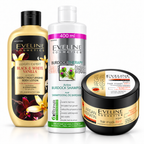 Set Eveline Păr + Corp – Șampon Burdock Therapy 400 ml + Mască Argan + Keratin 300 ml + Loțiune Black & White Vanilla 350 ml