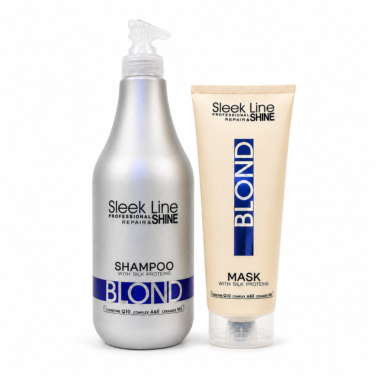 Set Eveline Sleek Line Blond – Șampon 1000 ml + Mască 250 ml cu proteine din mătase