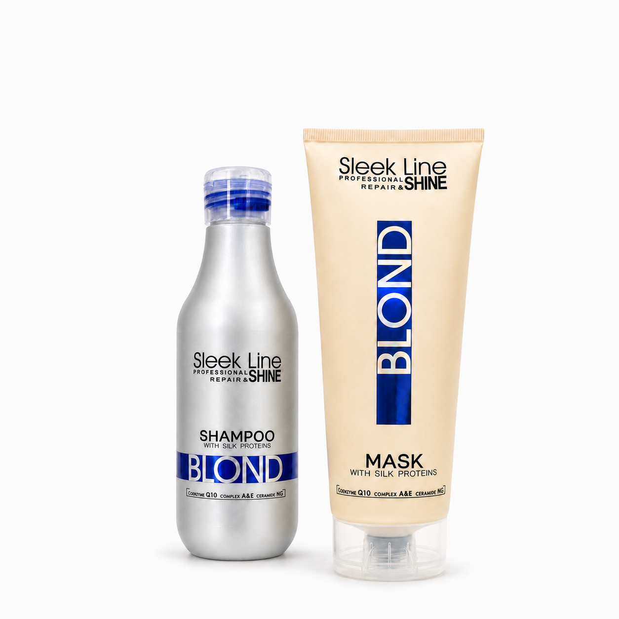 Set Eveline Sleek Line Blond – Șampon 300 ml + Mască 250 ml cu proteine din mătase, pentru păr blond și decolorat