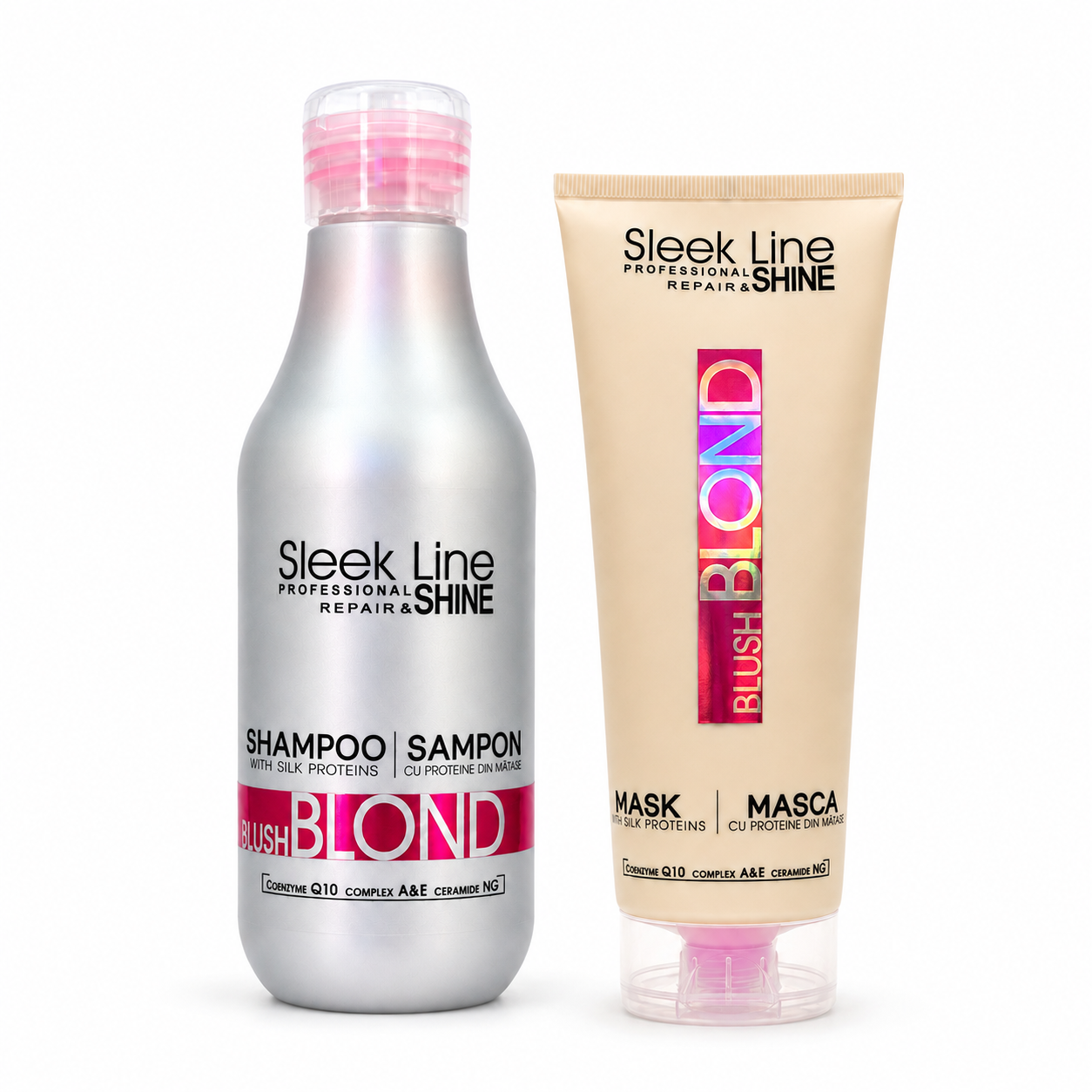 Set Eveline Sleek Line Blush Blond – Șampon 300 ml + Mască 250 ml, nuanțe calde pentru blond