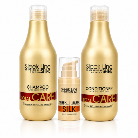 Set Eveline Sleek Line Total Care 3 produse – Șampon + Balsam + Ser Silk cu proteine din mătase, rutină completă păr