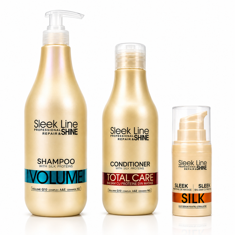 Set Eveline Sleek Line Volume – Șampon 1000 ml + Balsam Total Care + Ser Silk, pentru păr fin și lipsit de volum