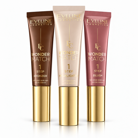 Set Eveline Wonder Match 1 Step Satin – Bronzer NO1 + Blush NO2 + Highlighter, trio pentru conturarea feței 3în1