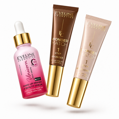 Set Eveline Machiaj – Wonder Match Bronzer NO1 + Highlighter + Primer Unicorn Magic Drops 30 ml