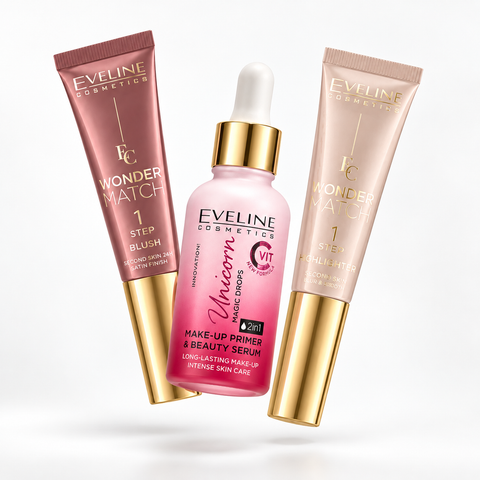 Set Eveline Machiaj – Wonder Match Blush NO2 + Highlighter + Primer Unicorn Magic Drops 30 ml