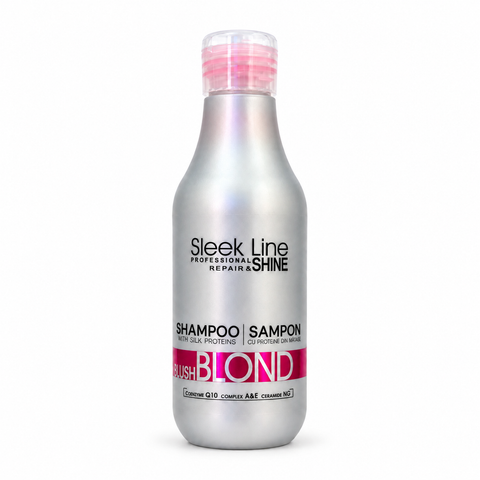 Eveline Sleek Line Blush Blond Șampon cu Proteine din Mătase 300 ml, nuanțe calde pentru păr blond