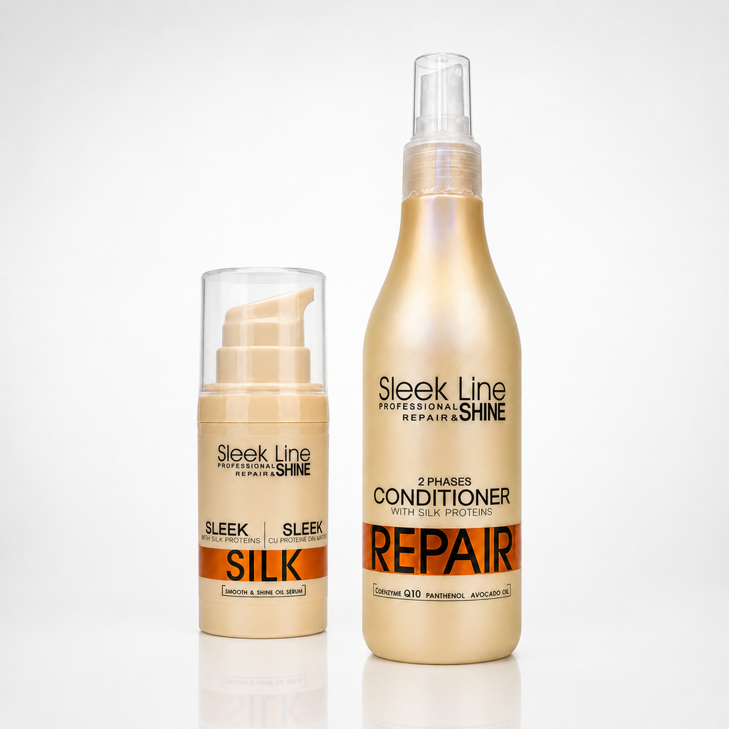 Set Eveline Sleek Line – Balsam Bifazic Spray 300 ml + Ser-Ulei Silk, îngrijire fără clătire