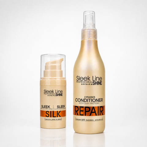 Set Eveline Sleek Line – Balsam Bifazic Spray 300 ml + Ser-Ulei Silk, îngrijire fără clătire