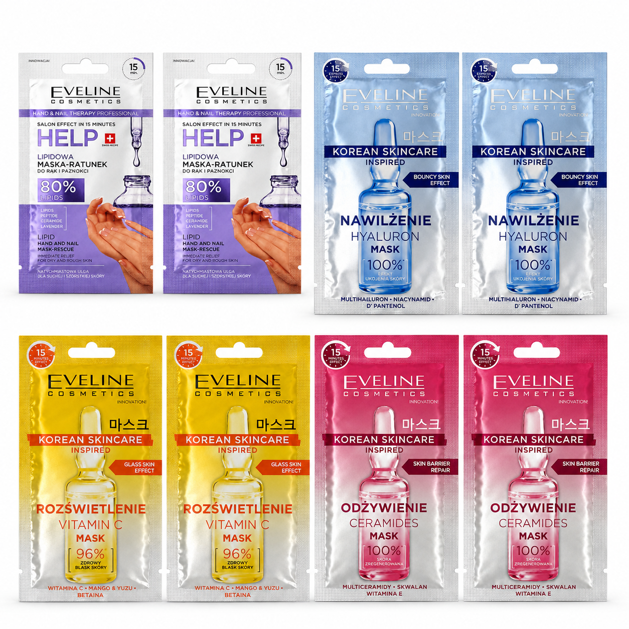 Set 8 Măști Eveline – Korean Skincare cu Hialuron, Vitamina C și Ceramide + Mască Lipidică pentru Mâini și Unghii