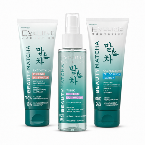 Set Eveline Beauty Matcha 3 produse – Gel de Curățare + Peeling Enzimatic + Toner Spray, rutină coreeană