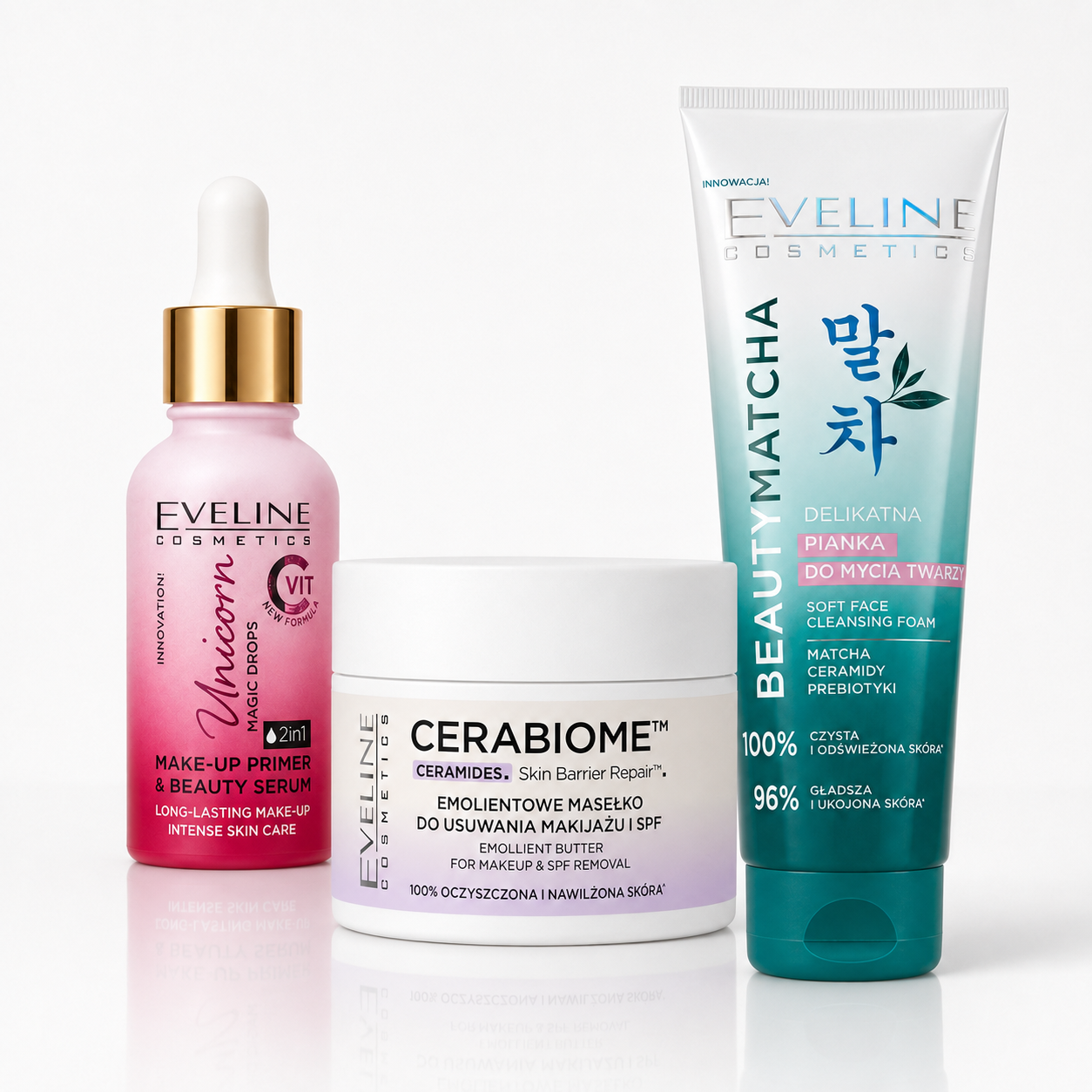 Set Eveline 3 pași – Unt Demachiant Cerabiome + Spumă Beauty Matcha 125 ml + Primer Unicorn 30 ml