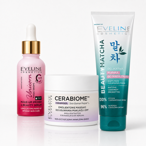 Set Eveline 3 pași – Unt Demachiant Cerabiome + Spumă Beauty Matcha 125 ml + Primer Unicorn 30 ml