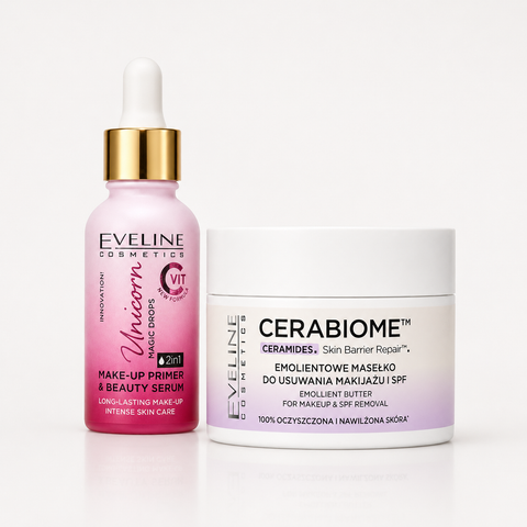 Set Eveline Machiaj – Primer Unicorn Magic Drops cu Vitamina C 30 ml + Unt Demachiant Cerabiome