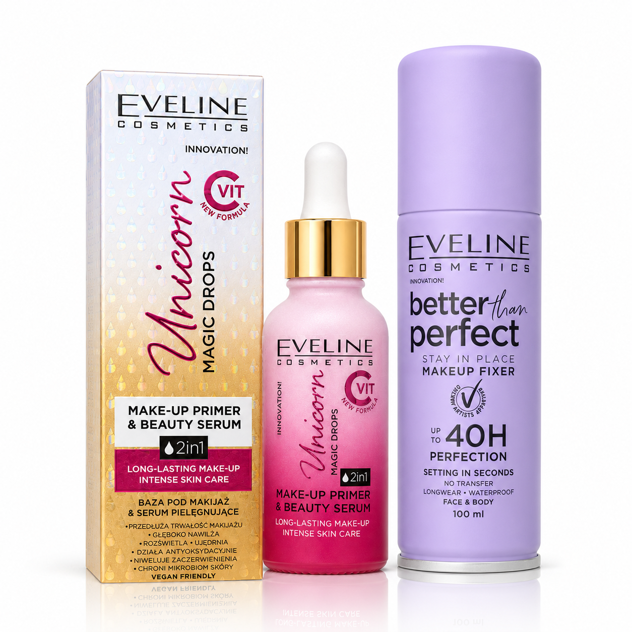 Set Eveline Machiaj – Primer Unicorn Magic Drops 2în1 cu Vitamina C 30 ml + Spray Fixator Machiaj Better Than Perfect 100 ml