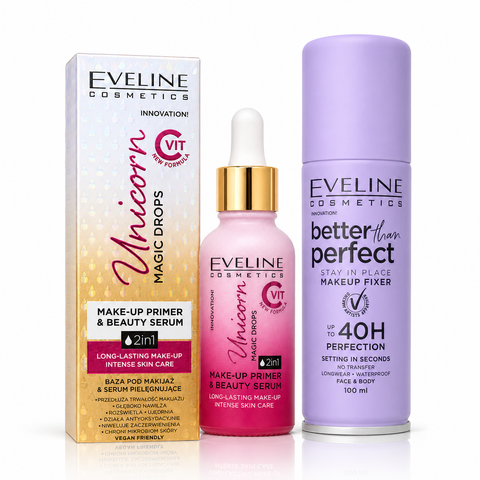 Set Eveline Machiaj – Primer Unicorn Magic Drops 2în1 cu Vitamina C 30 ml + Spray Fixator Machiaj Better Than Perfect 100 ml